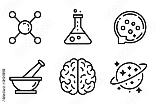 Science and Research Line Icons Set – Molecular, Chemistry, Brain, Space, and Lab Symbols