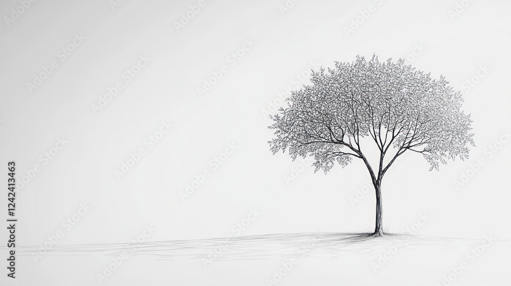 Solitary tree sketch, minimalist background, peaceful nature, design element Solitary tree sketch, minimalist background, peaceful nature, design element
