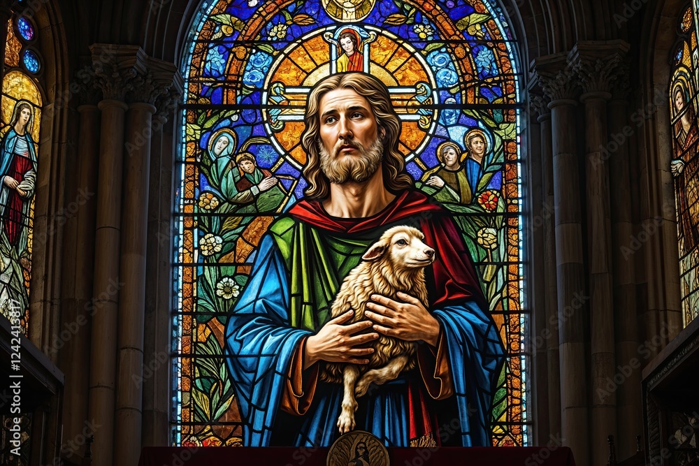 Fototapeta premium Stained Glass Depiction of the Good Shepherd in Cagliari Cathedral: A Symbol of Guidance and Faith