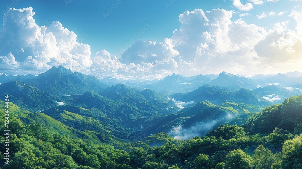 Green mountain range at sunrise with cloudy sky Green mountain range at sunrise with cloudy sky