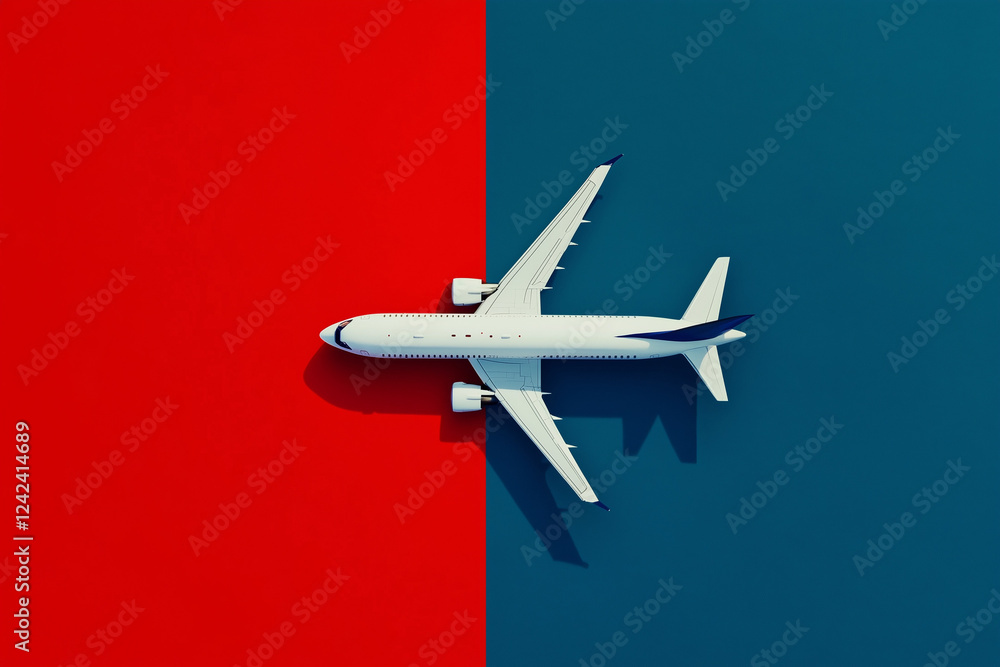 Fototapeta premium Flat lay design of a white plane isolated on a colorful background