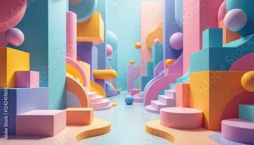 Vibrant abstract geometric shapes in pastel colors forming a surreal 3d landscape