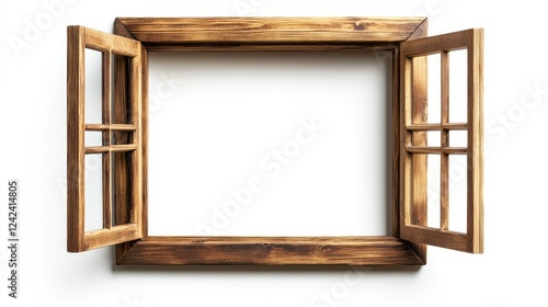 Rustic Wooden Window Frame with Opened Panes Showcasing Empty Space, Ideal for Displaying Art or Photos in Minimalistic and Natural Settings