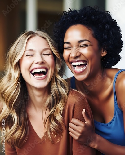 A joyful moment captured between two diverse young women laughing together. Their genuine smiles and warm connection reflect friendship, happiness, and positive emotions in a natural setting.
