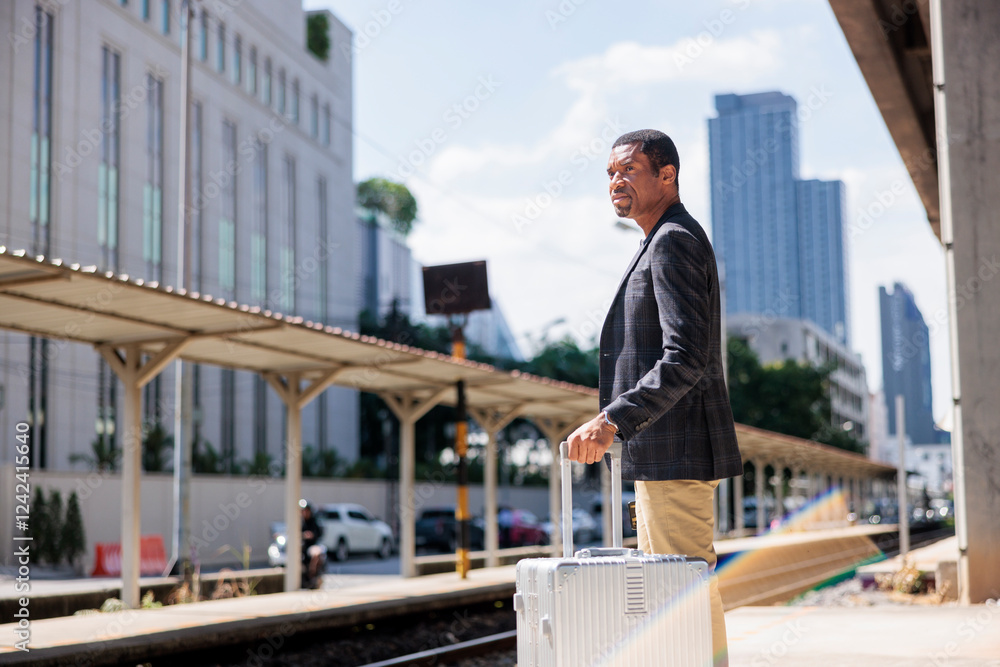 Businessman with luggage waiting at railway platform Businessman with luggage waiting at railway platform