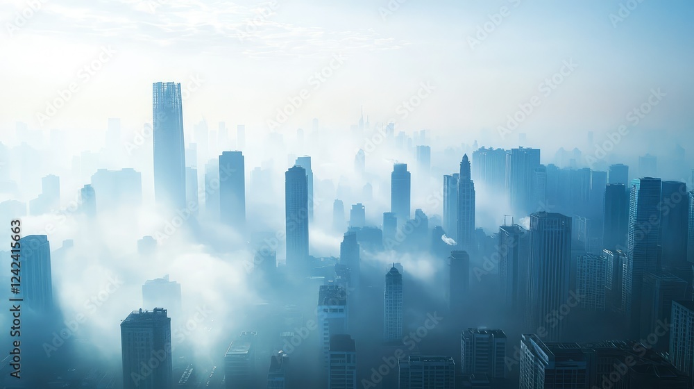 Aerial View of a Modern City Skyline Shrouded in Fog and Mist Under a Soft Blue Sky, Creating a Mystical Atmosphere and Urban Serenity
