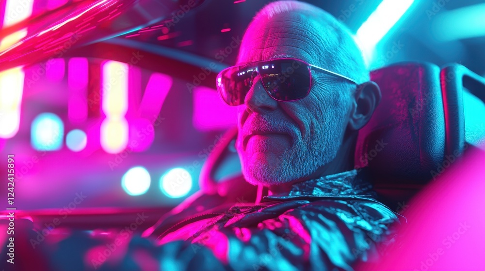 Stylish Elderly Man in Sunglasses Inside a Futuristic Car Stylish Elderly Man in Sunglasses Inside a Futuristic Car