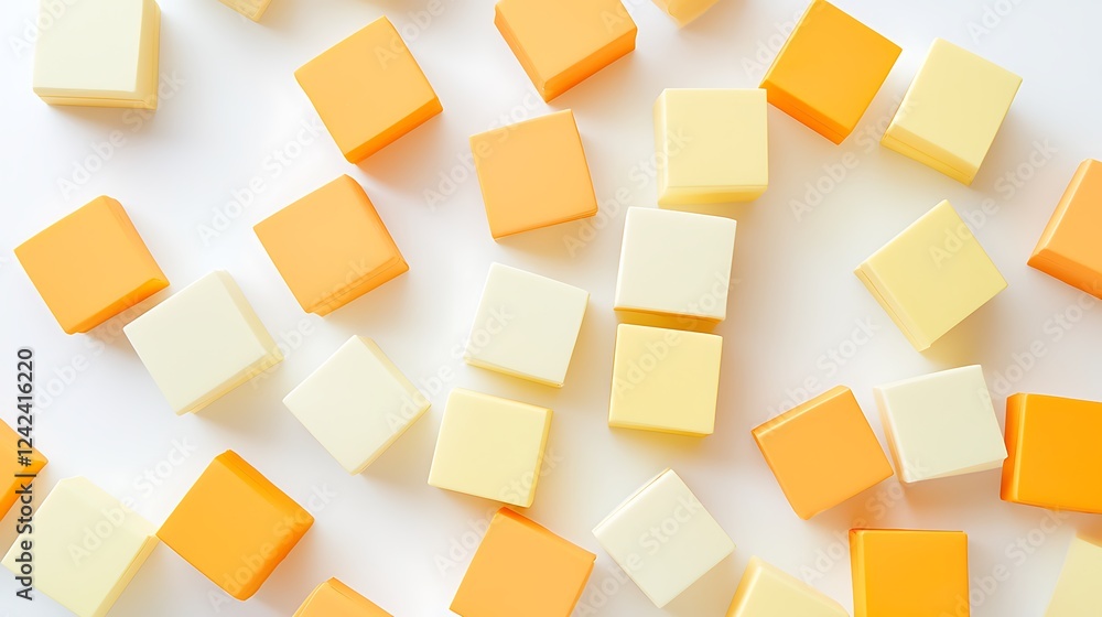 A bunch of yellow and white cubes are scattered on a white background A bunch of yellow and white cubes are scattered on a white background