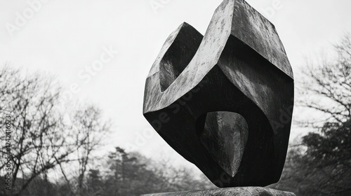 A side-angle perspective of an imposing black-and-white sculpture, its aggressive form enhanced by the precision of a 55mm lens. photo