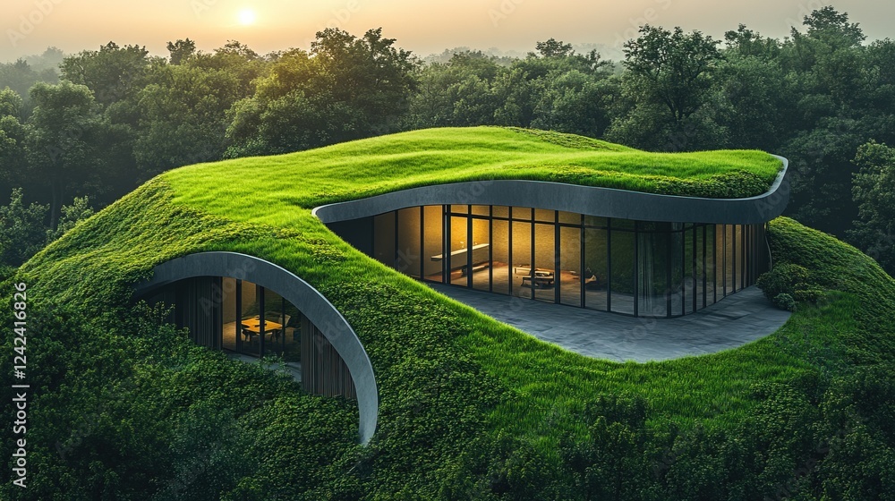 Naklejka premium Green roof house in forest at sunrise