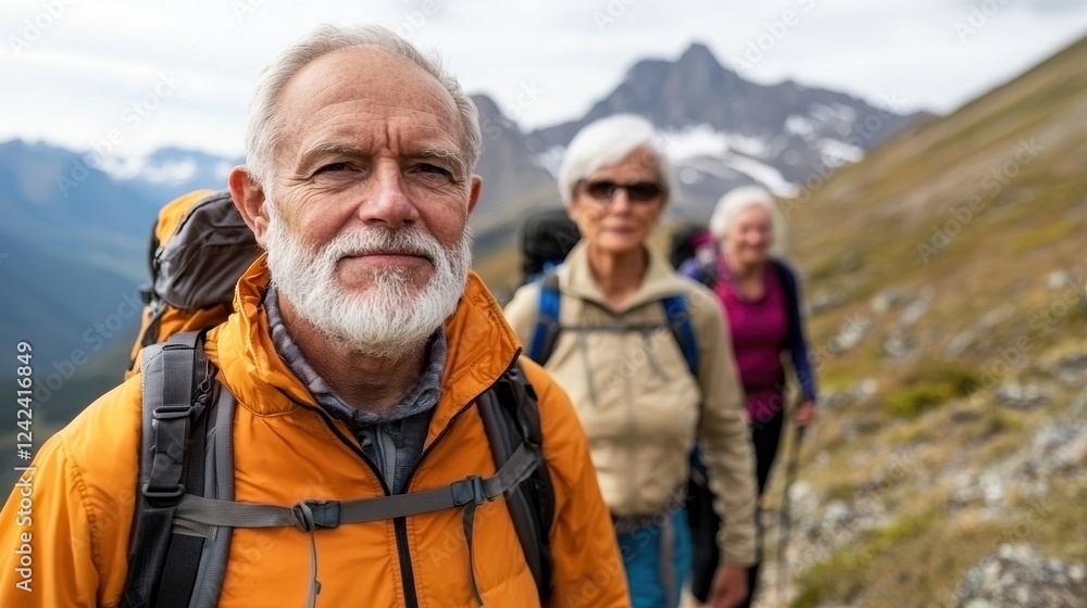 Senior hikers on mountain trail enjoying nature and adventure Senior hikers on mountain trail enjoying nature and adventure
