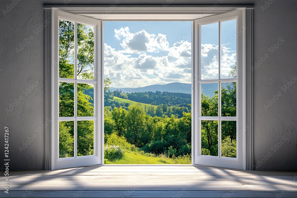 Fototapeta premium White window on a white wall.