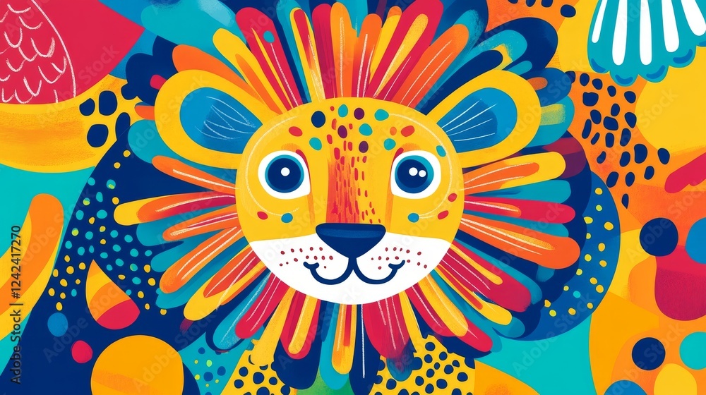 Fototapeta premium 96.A fun educational flashcard depicting a lion with exaggerated features like a large circular mane and round eyes, surrounded by simple shapes and patterns for kids to trace and fill with bright