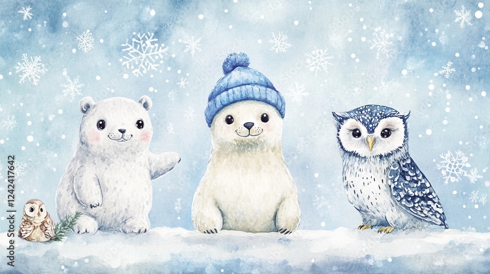 Fototapeta premium 11.A group of watercolor animals, including a cheerful seal, a polar bear donning a bright blue hat, and a small owl, set against a light blue winter background with faint stars and snowflakes.