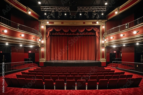 Stylish Empty Theatre with Sophisticated Stage Lighting and Eye-Catching Chrome Accents