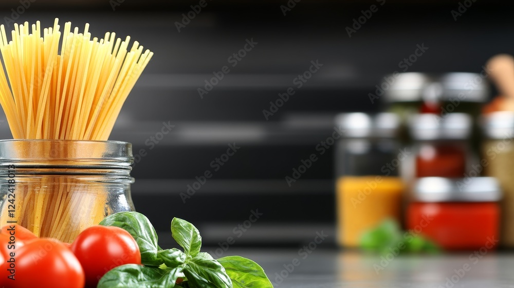 Fresh ingredients including spaghetti, tomatoes, and basil in a kitchen setting with jar in background Fresh ingredients including spaghetti, tomatoes, and basil in a kitchen setting with jar in background