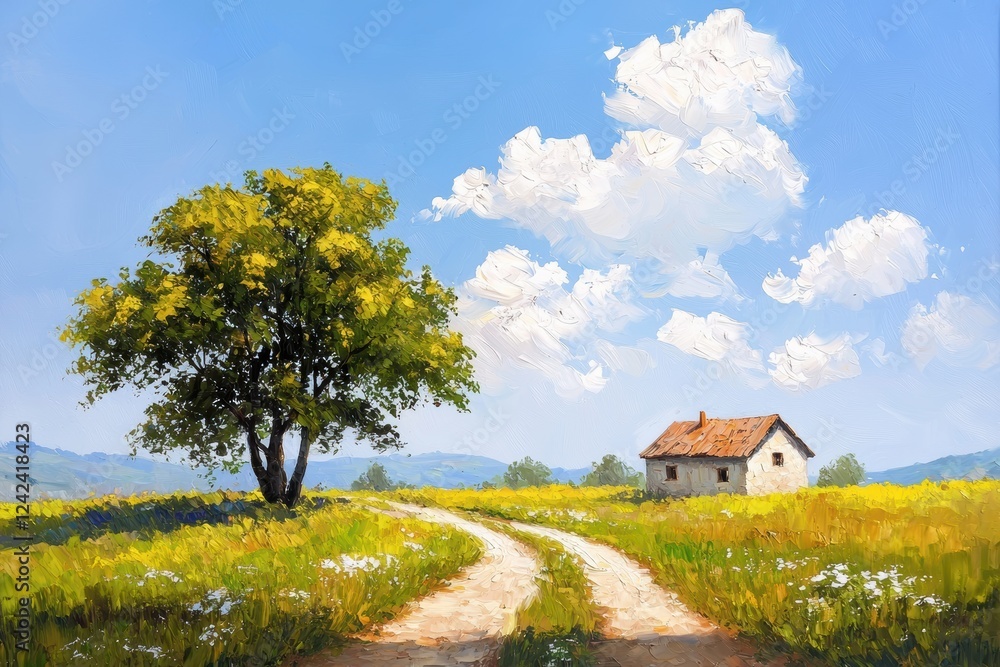 Charming Rustic Landscape Featuring Small Farmhouse and Lush Greenery Charming Rustic Landscape Featuring Small Farmhouse and Lush Greenery