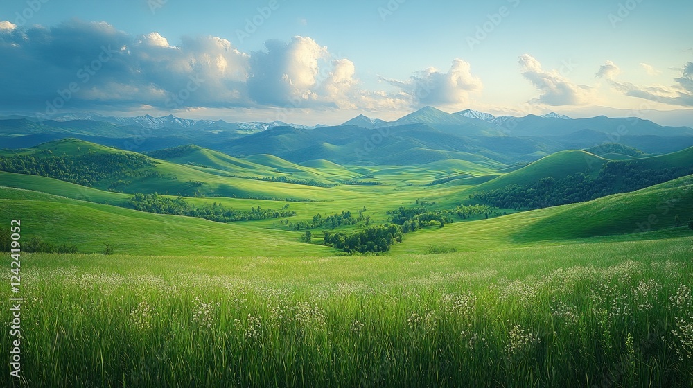 Fototapeta premium Green valley, mountain range sunset, idyllic landscape background, travel promotion