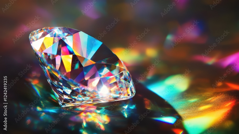 Stunning Close-Up of a Faceted Diamond Casting Colorful Reflections and Sparkles on a Dark Surface, Highlighting Its Brilliant Shine and Clarity Stunning Close-Up of a Faceted Diamond Casting Colorful Reflections and Sparkles on a Dark Surface, Highlighting Its Brilliant Shine and Clarity