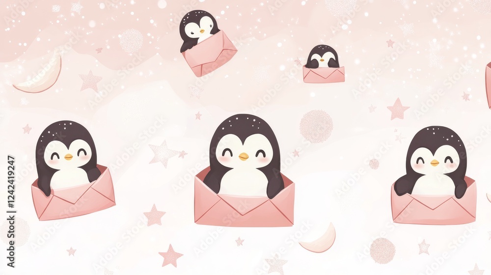 Obraz premium 89.A kawaii-style pattern with penguins peeking from open paper envelopes, complemented by celestial elements like stars and moons, arranged on a soft pink and white gradient background.
