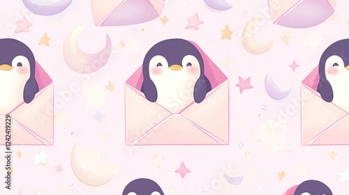 89.A kawaii-style pattern with penguins peeking from open paper envelopes, complemented by celestial elements like stars and moons, arranged on a soft pink and white gradient background. photo