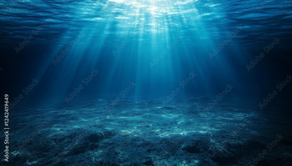 Sunlight beams on ocean floor, deep sea background, marine backdrop Sunlight beams on ocean floor, deep sea background, marine backdrop