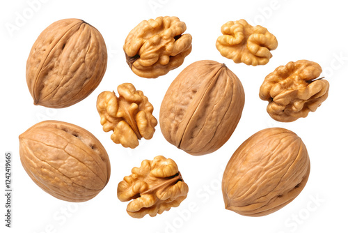 Whole walnut shells and walnut kernels, showcasing natural texture, healthy food