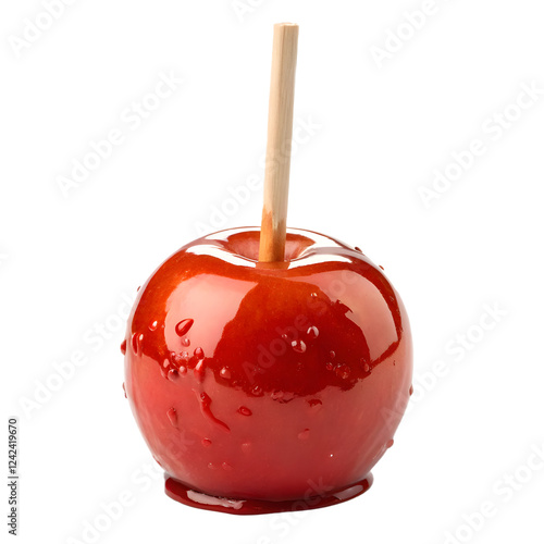 A shiny red candy-coated apple with a wooden stick, isolated. sweet treats and desserts