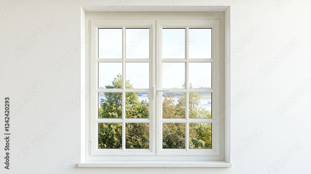 Bright Modern Interior Window with Scenic View of Green Trees and a Calm Body of Water, Showcasing Natural Light and Minimalist Design in a Contemporary Space Bright Modern Interior Window with Scenic View of Green Trees and a Calm Body of Water, Showcasing Natural Light and Minimalist Design in a Contemporary Space