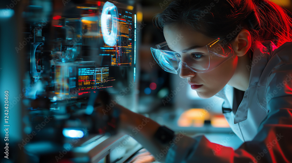 A female engineer working with virtual reality technology, adjusting VR equipment in a futuristic lab, glowing screens reflecting off her focused face A female engineer working with virtual reality technology, adjusting VR equipment in a futuristic lab, glowing screens reflecting off her focused face