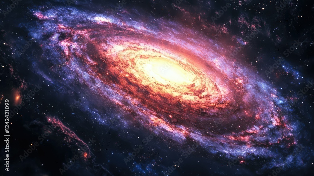Obraz premium Stunning Spiral Galaxy Emitting Bright Stellar Light, Surrounded by Colorful Cosmic Nebulae and Distant Stars in a Vast Universe of Infinite Beauty