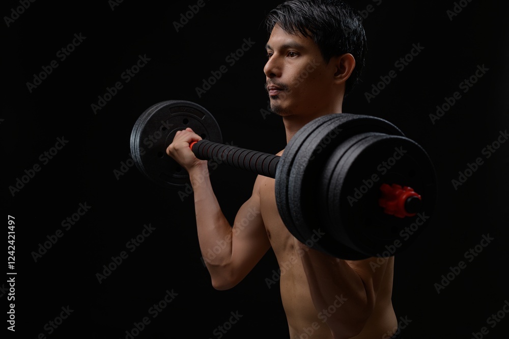Strong Man Lifting Dumbbell in Dark Environment for Health and Fitness Strong Man Lifting Dumbbell in Dark Environment for Health and Fitness