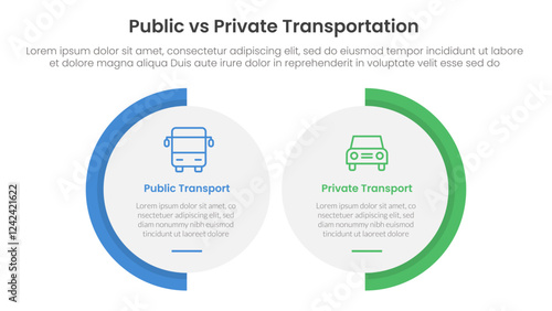 public transport vs personal vehicle comparison concept for infographic template banner with big circle shape variation with two point list information