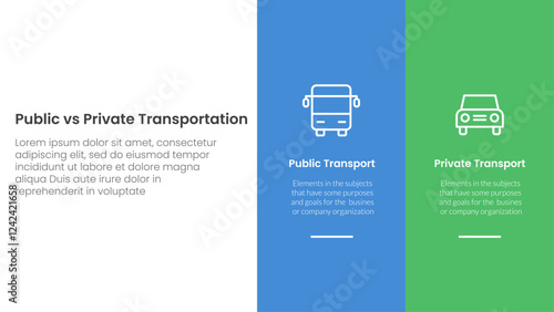 public transport vs personal vehicle comparison concept for infographic template banner with big column banner on right layout with two point list information