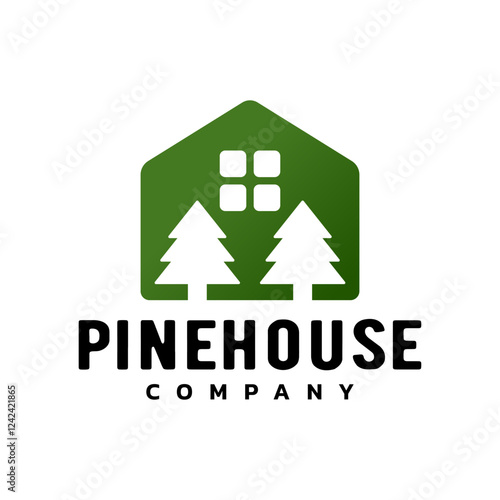 illustration of a house with two pine trees. pine house logo template. logo for nature resort or real estate company.