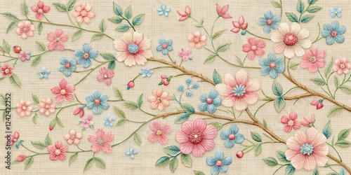 Embroidered floral branches with pink and blue blossoms on beige fabric