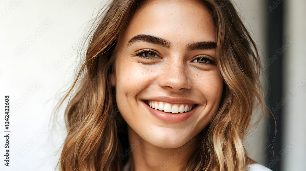 Young lovely vibrant positive woman smiling happily with cute dimples on cheeks and freckles on nose. Young attractive female natural beauty smile with self-love self-acceptance and self-confidence Young lovely vibrant positive woman smiling happily with cute dimples on cheeks and freckles on nose. Young attractive female natural beauty smile with self-love self-acceptance and self-confidence