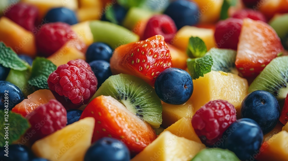 Fresh and Colorful Fruit Salad Display Featuring Strawberries, Raspberries, Blueberries, Kiwi, Melon, Pineapple, and Mint Leaves for Healthy Eating Inspiration Fresh and Colorful Fruit Salad Display Featuring Strawberries, Raspberries, Blueberries, Kiwi, Melon, Pineapple, and Mint Leaves for Healthy Eating Inspiration