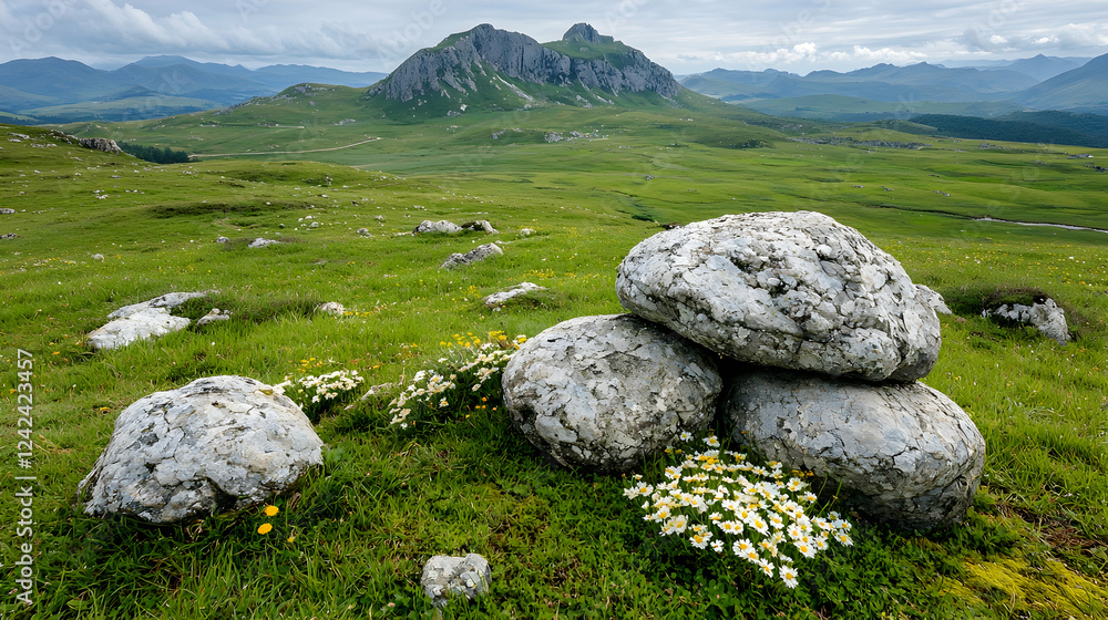 Mountain meadow with stacked stones, wildflowers, scenic background, nature photography Mountain meadow with stacked stones, wildflowers, scenic background, nature photography