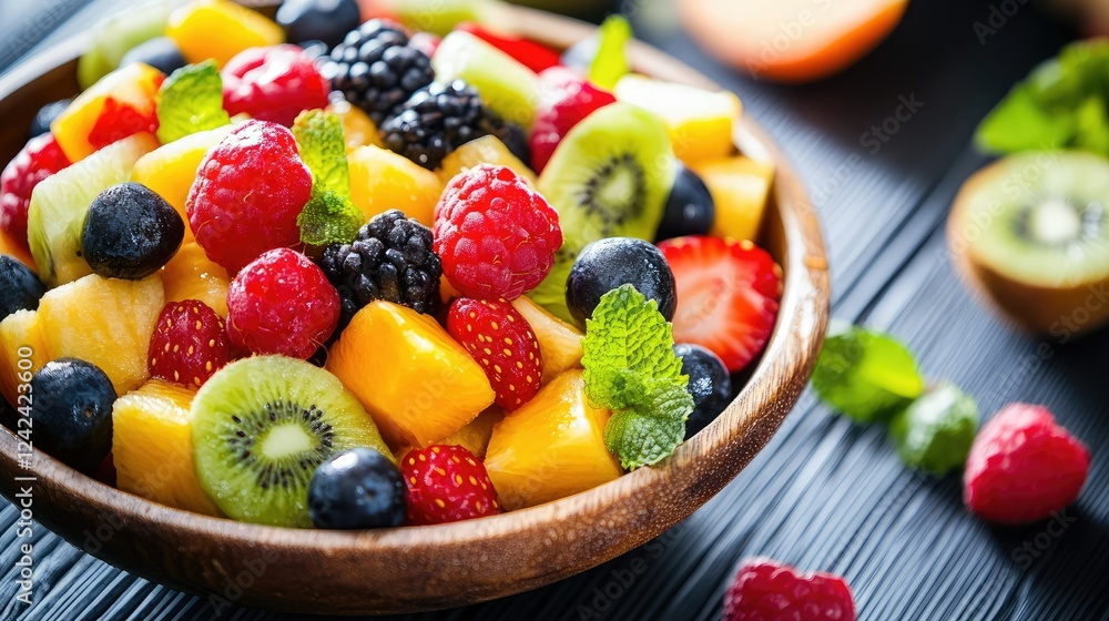 Fresh and Colorful Fruit Salad with Raspberries, Blueberries, Kiwi, and Mint Leaves in a Wooden Bowl on a Dark Wooden Table Surface Fresh and Colorful Fruit Salad with Raspberries, Blueberries, Kiwi, and Mint Leaves in a Wooden Bowl on a Dark Wooden Table Surface