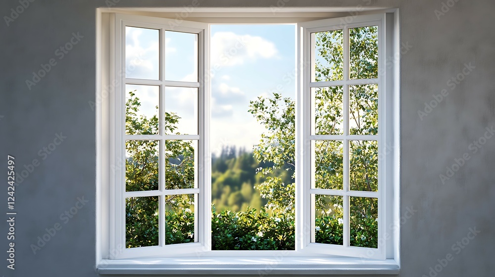 rendering of a room with a large window and a white wall rendering of a room with a large window and a white wall