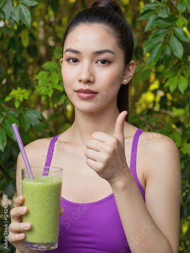 Wallpaper Mural A woman is holding a glass of green juice and giving it a thumbs up. Concept of health and wellness, as the woman is promoting the benefits of drinking green juice Torontodigital.ca