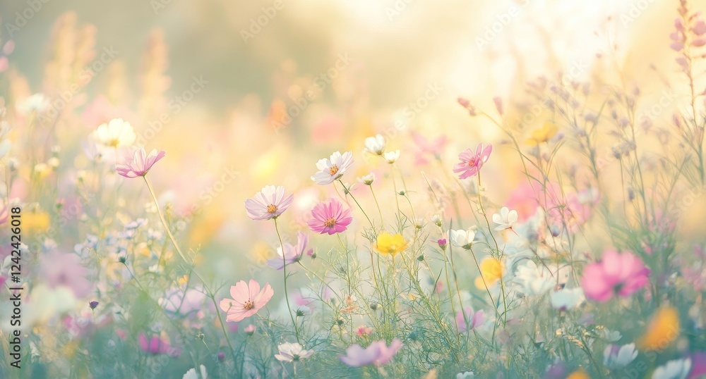 Sunlit cosmos field, summer bloom, soft focus, nature background, website banner Sunlit cosmos field, summer bloom, soft focus, nature background, website banner