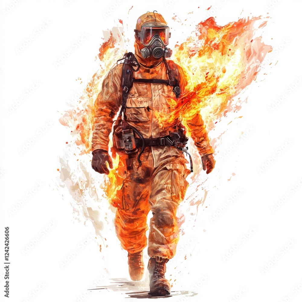 Fototapeta premium Brave Firefighter in Protective Gear Battling Flames with Intense Focus and Determination in Challenging Conditions