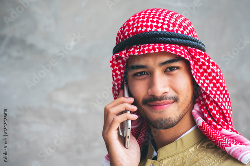 Portrait Islamic man using smartphones app organize schedule agenda focus on hands holding phone muslim modern uae city. Arab men wear hijab Headscarf muslim formal dress online technology lifestyle photo