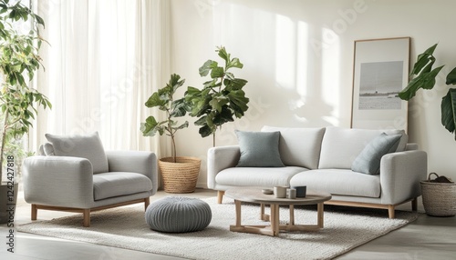 Serene Scandinavian living room with white walls and gray furniture 4. Generative AI