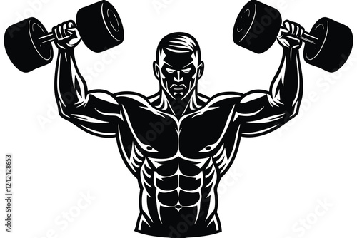 Muscular Man Lifting Dumbbells Line Art Vector