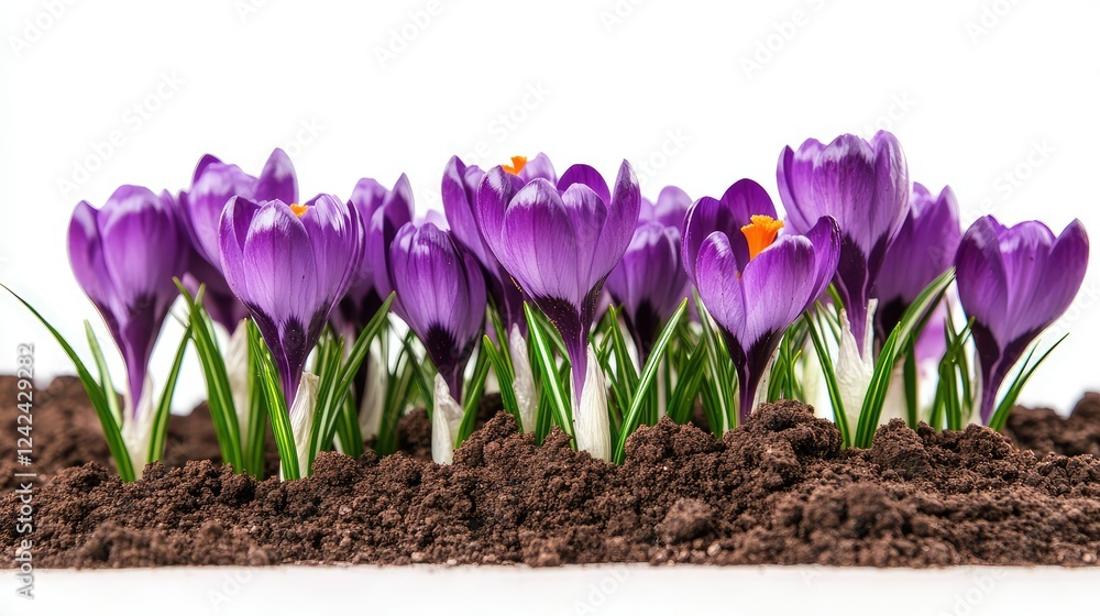 Vibrant purple crocuses growing naturally from rich soil, isolated on white Vibrant purple crocuses growing naturally from rich soil, isolated on white