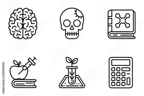 Scientific research line icons set including brain anatomy, human skull, laboratory book, gmo apple with syringe, plant test tube, and calculator. 6 vector assets for biology and education.