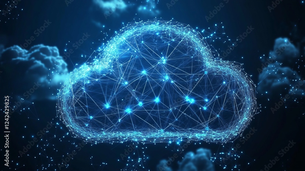 A Cloud Surrounded by a Web of Interconnected Nodes and Lines Representing a Digital Network Conveying Concepts of Connectivity and Technology in a Modern and Abstract Style A Cloud Surrounded by a Web of Interconnected Nodes and Lines Representing a Digital Network Conveying Concepts of Connectivity and Technology in a Modern and Abstract Style